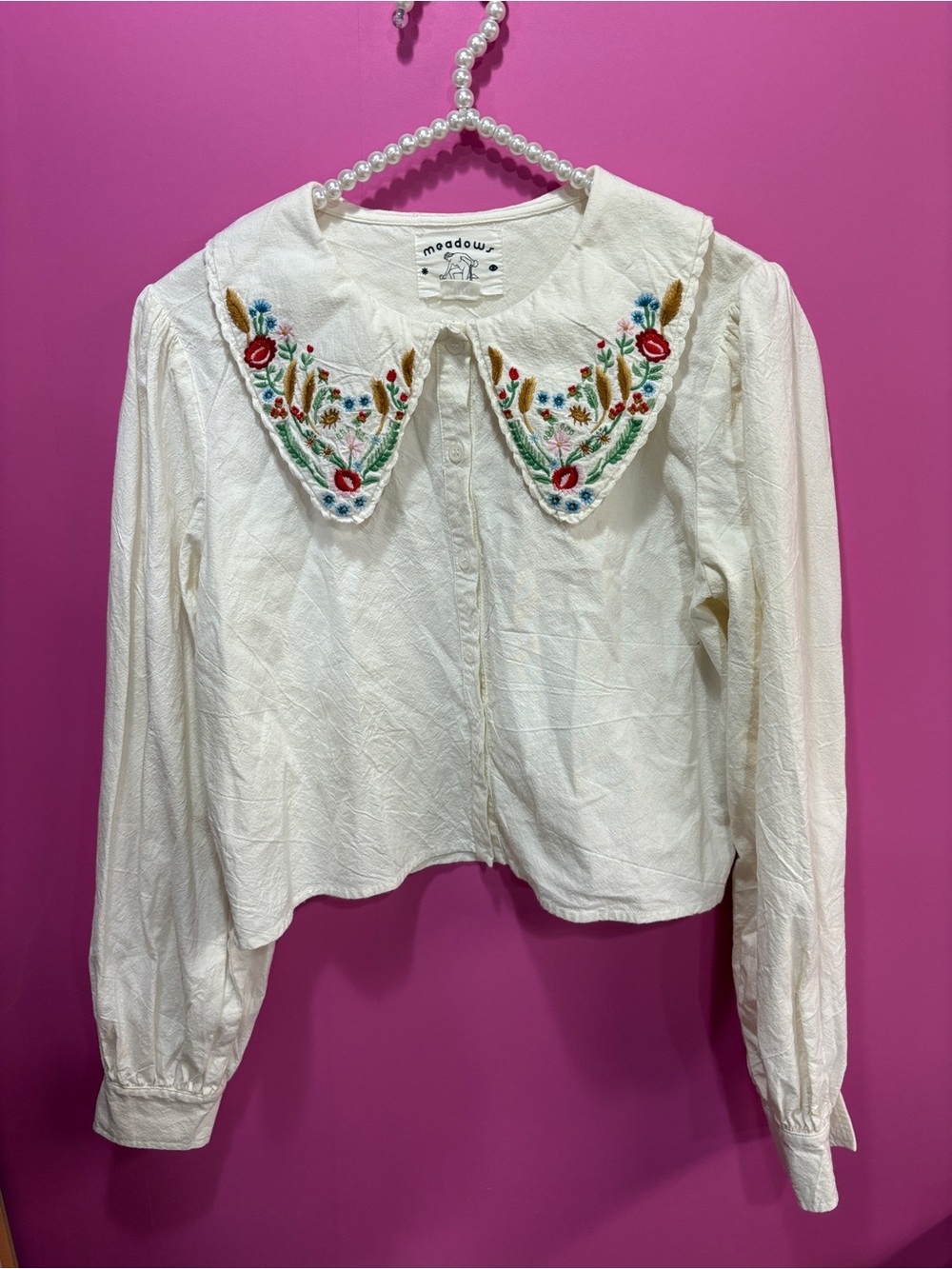 Meadows Foxglove button down shirt floral embroidered collar - Picture 3 of 6